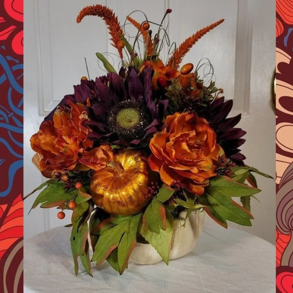 Fall Pumpkin with Purple Sunflowers & Orange Peonies Floral Arrangement - Medium